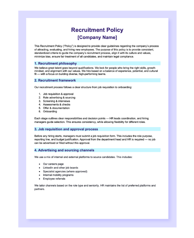A preview of the Recruitment Policy template.